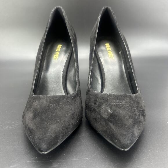 Nine West Zealand Womens 8.5M Black Suede Pointed Toe Dress Pumps Chrome Stacked - Picture 5 of 9